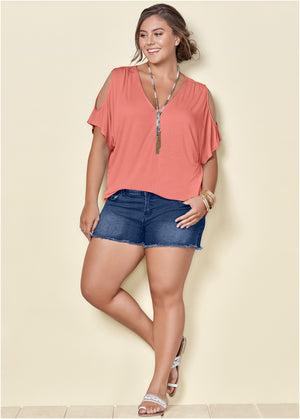 Cold-Shoulder V-Neck Top - Burnt Coral - thumbnail-7