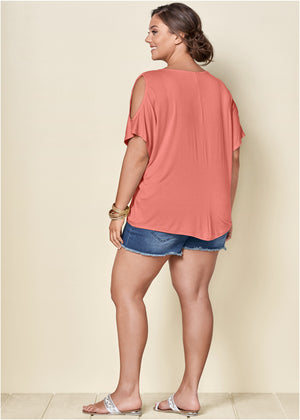 Cold-Shoulder V-Neck Top - Burnt Coral - thumbnail-8