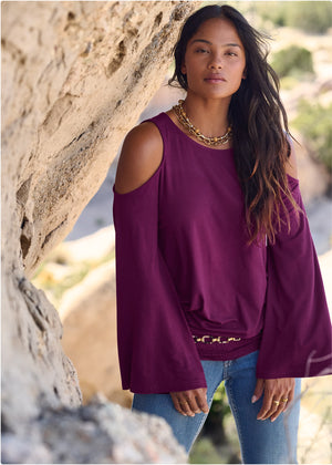 Cold-Shoulder Blouson Top - Dark Purple - thumbnail-7