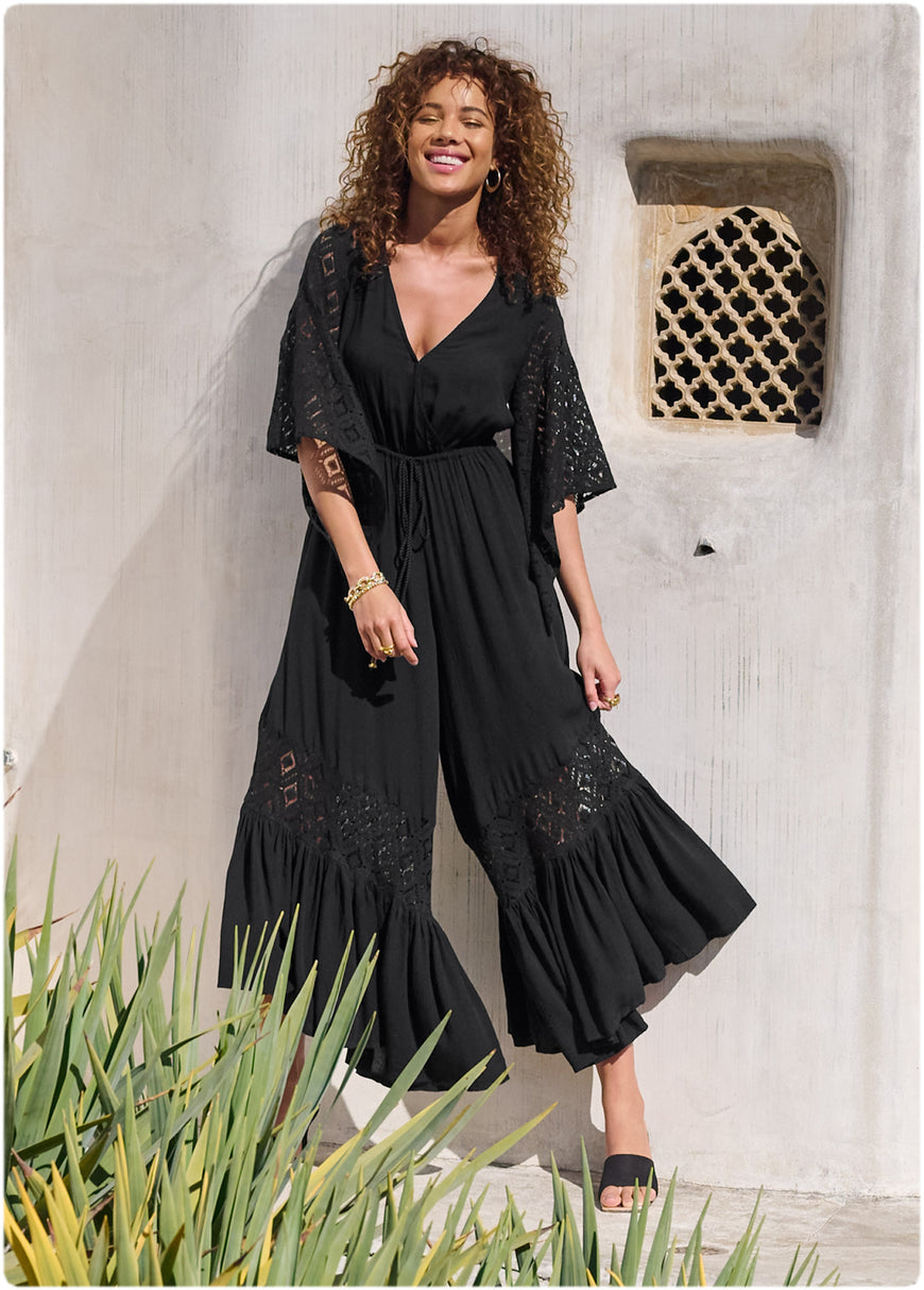 Wide Leg Lace Trim Jumpsuit - Black