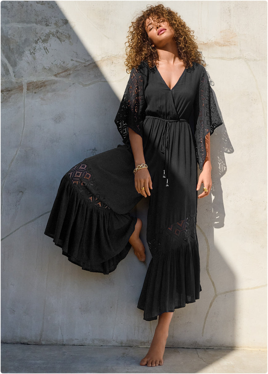 Wide Leg Lace Trim Jumpsuit - Black