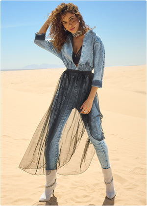 Acid Wash Smocked Jumpsuit - Cool Wash - thumbnail-7