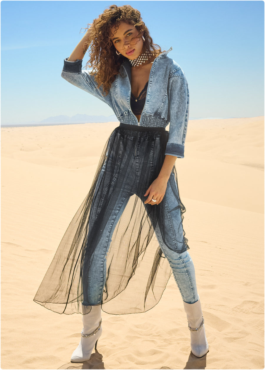 Acid Wash Smocked Jumpsuit - Cool Wash