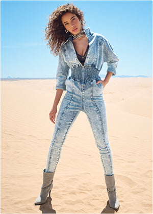 Acid Wash Smocked Jumpsuit - Cool Wash - thumbnail-6