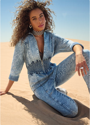 Acid Wash Smocked Jumpsuit - Cool Wash - thumbnail-8