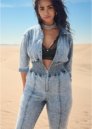 Acid Wash Smocked Jumpsuit - Cool Wash - thumbnail-15