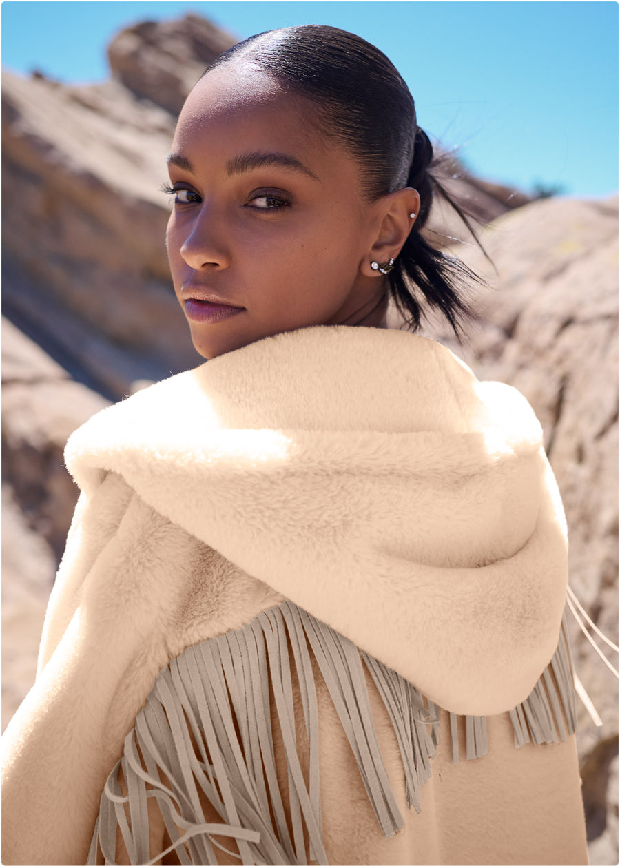 Faux Fur Bomber Jacket With Fringe Detail - White