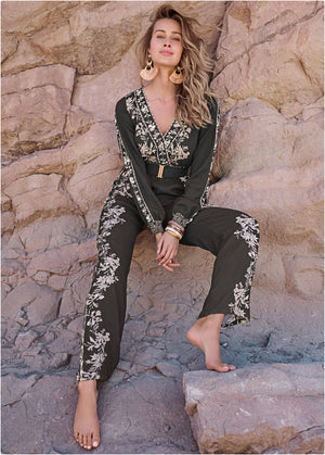 Leaf Print Smocked Jumpsuit - Black Multi - thumbnail-7