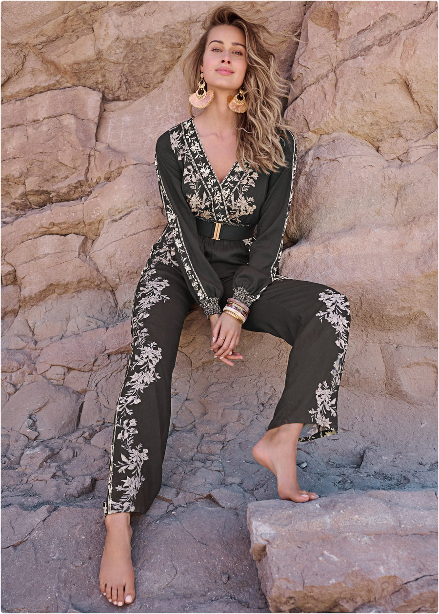 Leaf Print Smocked Jumpsuit - Black Multi