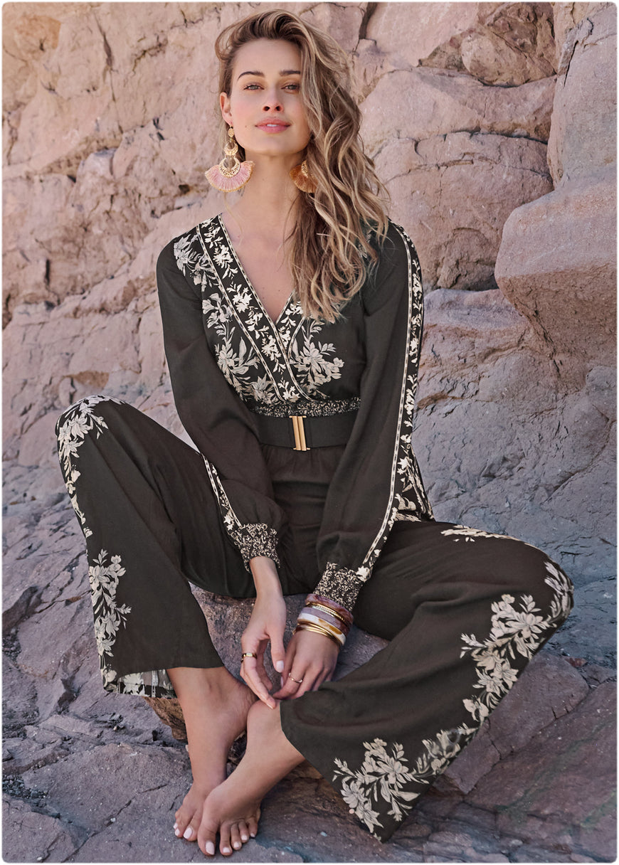 Leaf Print Smocked Jumpsuit - Black Multi