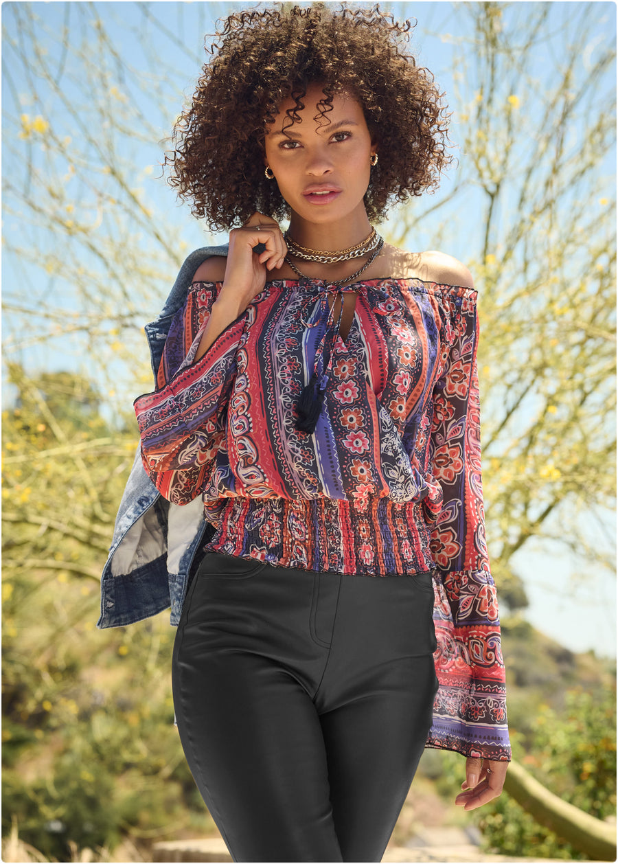 Off-The-Shoulder Print Top - Orange Multi