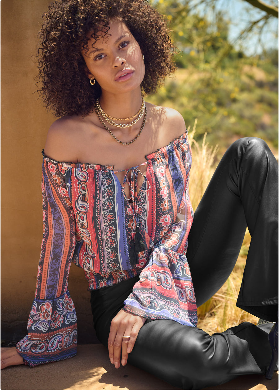 Off-The-Shoulder Print Top - Orange Multi