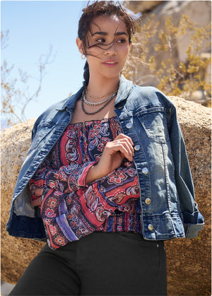 Off-The-Shoulder Print Top - Orange Multi - thumbnail-20