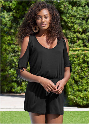 Cold Shoulder Romper - Black - thumbnail-1