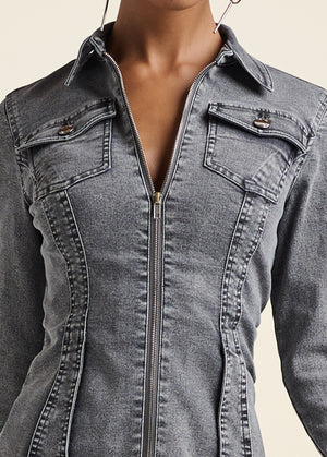 Lace-Up Back Denim Top - Grey Multi - thumbnail-5