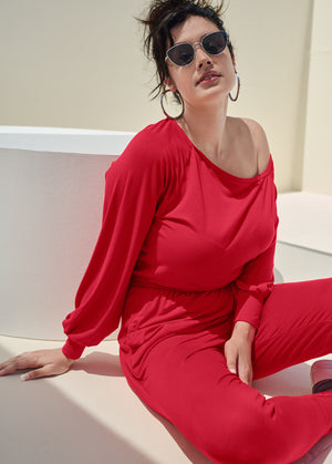 Off-Shoulder Jumpsuit - Red - thumbnail-8