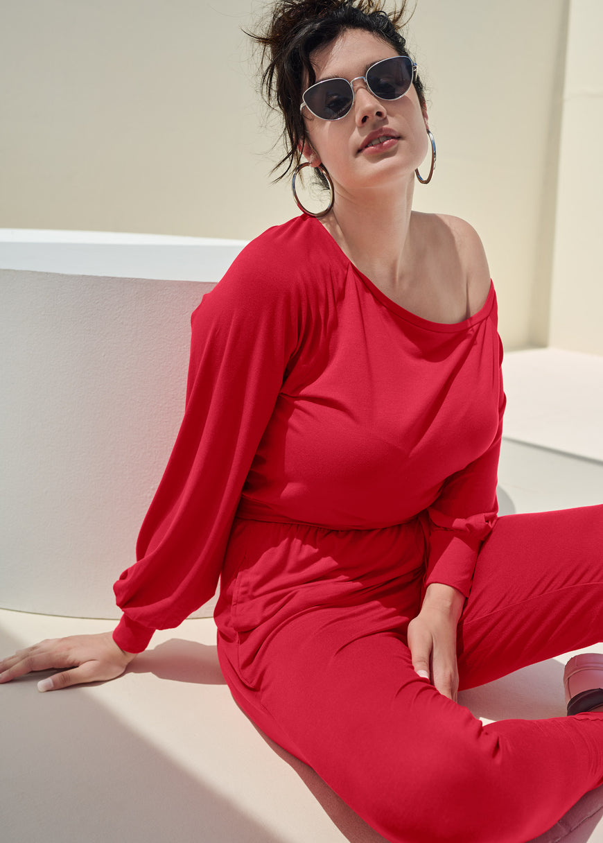 Off-Shoulder Jumpsuit - Red