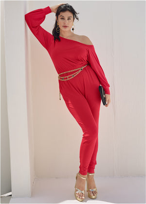 Off-Shoulder Jumpsuit - Red - thumbnail-7