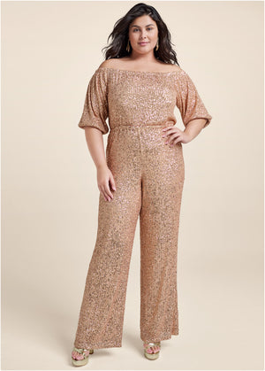 Off-Shoulder Sequin Jumpsuit - Rose Gold - thumbnail-8