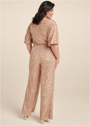 Off-Shoulder Sequin Jumpsuit - Rose Gold - thumbnail-9