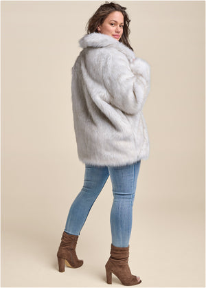 Luxe Mid-Length Faux Fur Coat - Grey - thumbnail-7