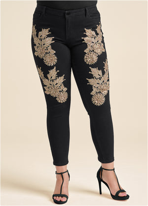 Floral Embellished Jeans - Black Multi - thumbnail-11