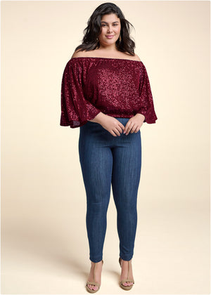 Off-The-Shoulder Sequin Top - Wine - thumbnail-15