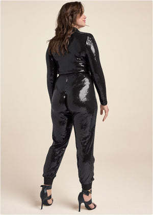 Tuxedo Sequin Jumpsuit - Black - thumbnail-7