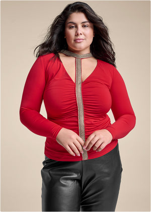 Embellished Trim Ruched Top - Red - thumbnail-7