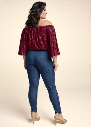 Off-The-Shoulder Sequin Top - Wine - thumbnail-12