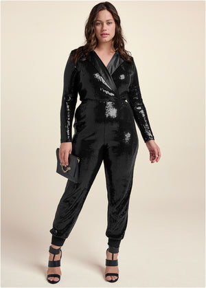 Tuxedo Sequin Jumpsuit - Black - thumbnail-6