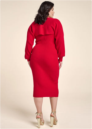 Sweater Dress With Shrug - Red - thumbnail-8