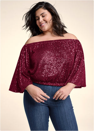 Off-The-Shoulder Sequin Top - Wine - thumbnail-11