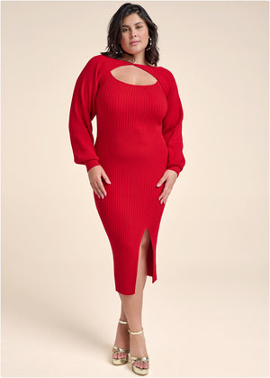 Sweater Dress With Shrug - Red - thumbnail-7