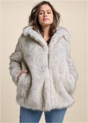 Luxe Mid-Length Faux Fur Coat - Grey - thumbnail-6