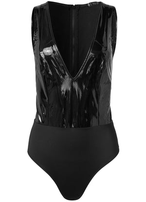 Plunge latex bodysuit - Black - thumbnail-5