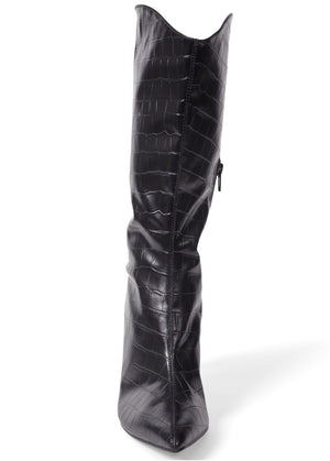 Croc Embossed Faux Leather Boots  - Black - thumbnail-3