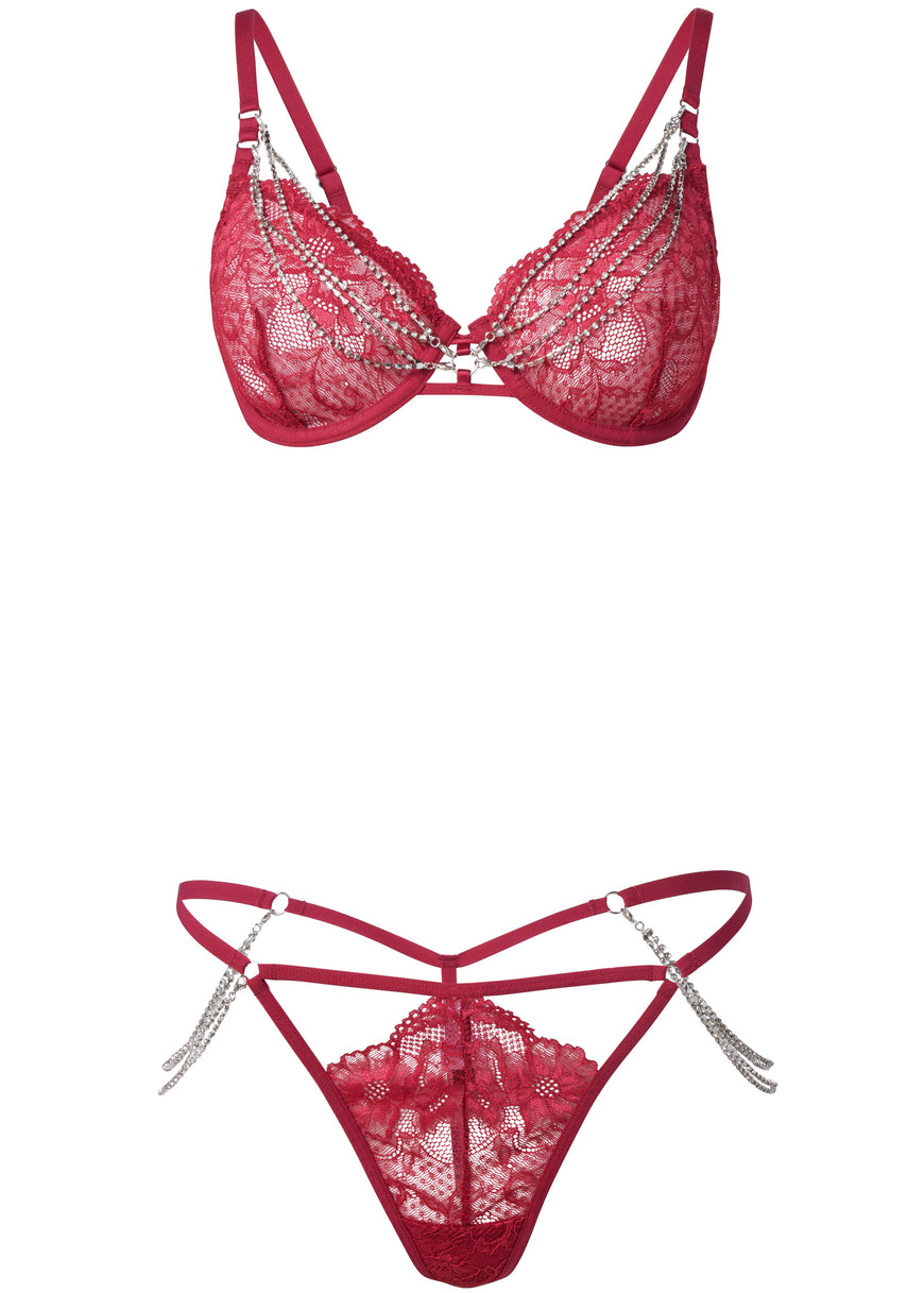 Removable Chain Bra Set - Burgundy