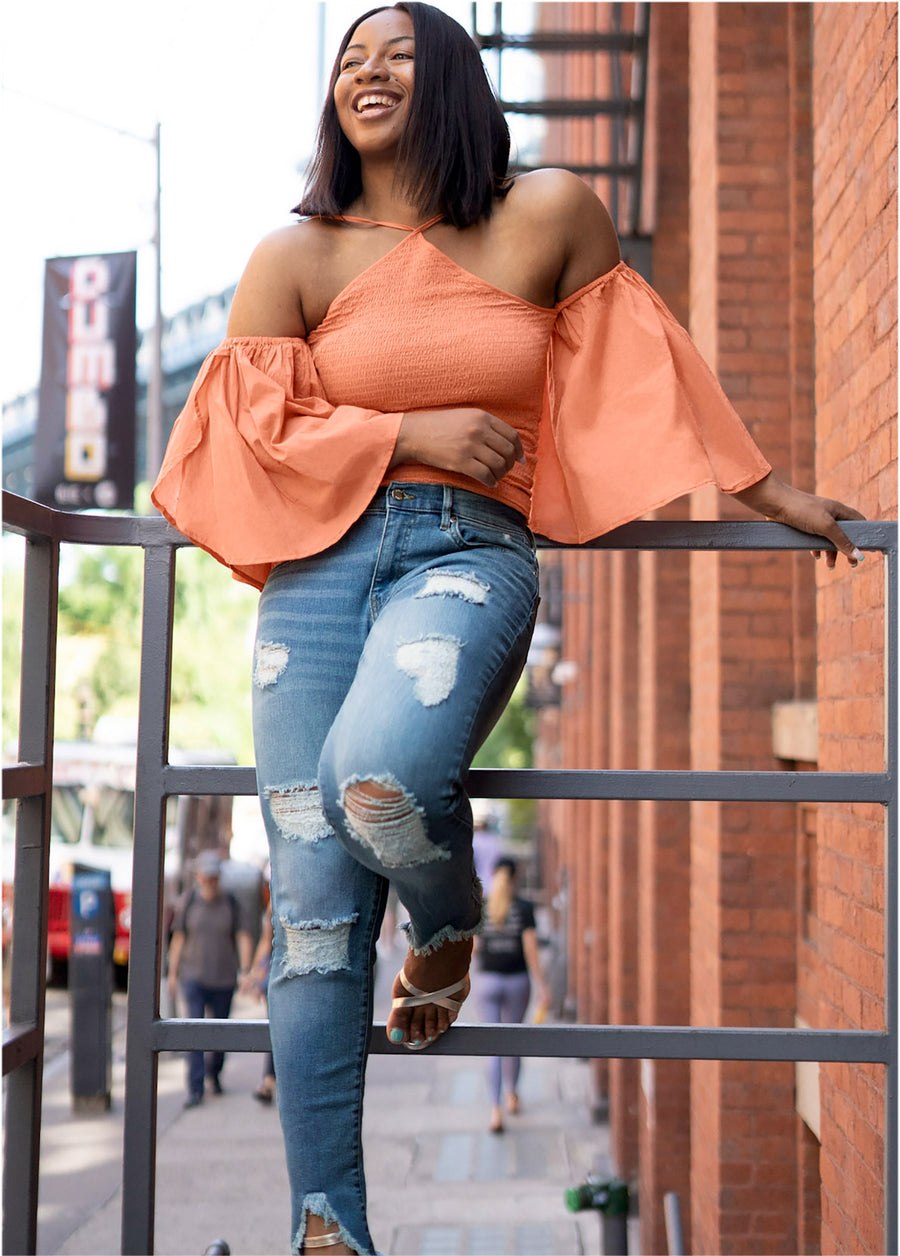 Smocked Fitted Top - Orange