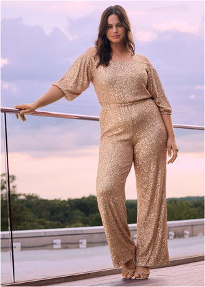 Off-Shoulder Sequin Jumpsuit - Rose Gold - thumbnail-12