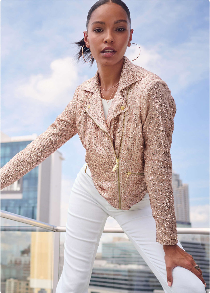 Sequin Moto Jacket - Rose Gold