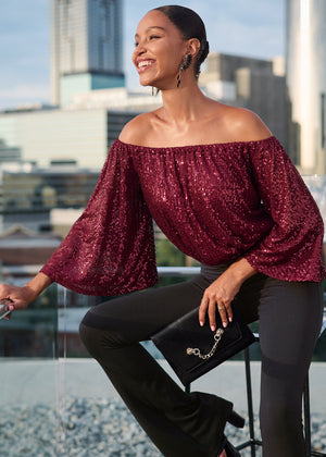 Off-The-Shoulder Sequin Top - Wine - thumbnail-1