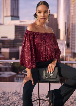 Off-The-Shoulder Sequin Top - Wine - thumbnail-10