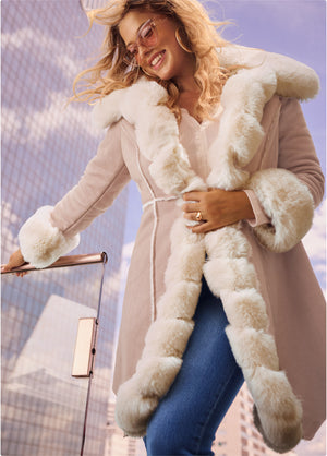 Faux-Suede-And-Fur Coat - Taupe & Off White - thumbnail-6