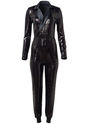 Tuxedo Sequin Jumpsuit - Black - thumbnail-5