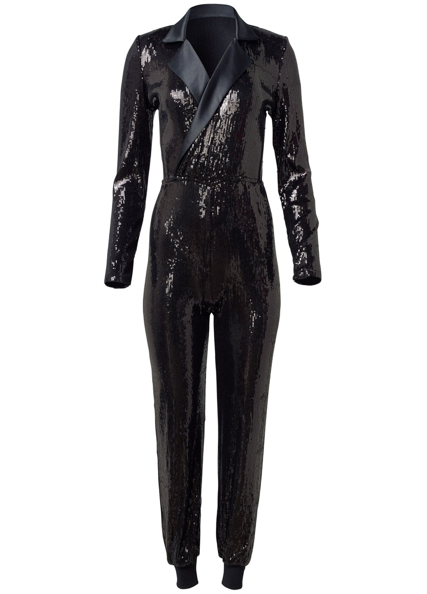 Black Tuxedo Sequin Jumpsuit On Sale