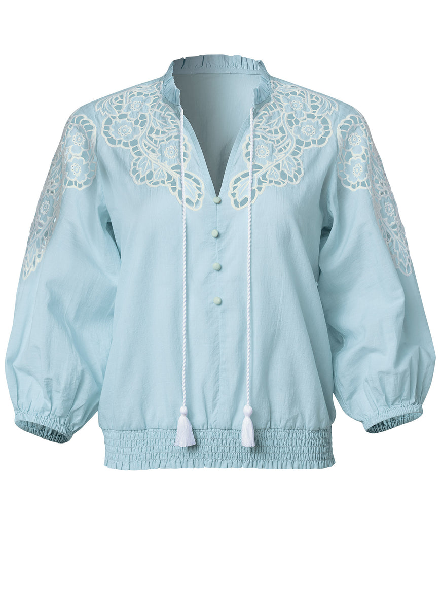 Eyelet Smocked Hem Blouse - Blue & White