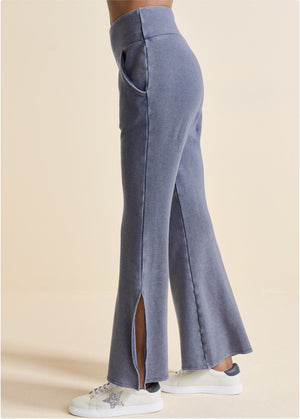 Washed Slit Flare Leg Pants - Dark Blue - thumbnail-3