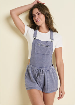 Washed Textured Overalls  - Dark Blue - thumbnail-1