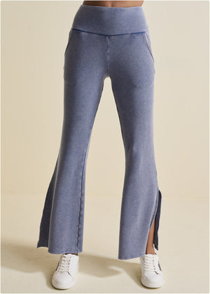 Washed Slit Flare Leg Pants - Dark Blue - thumbnail-1